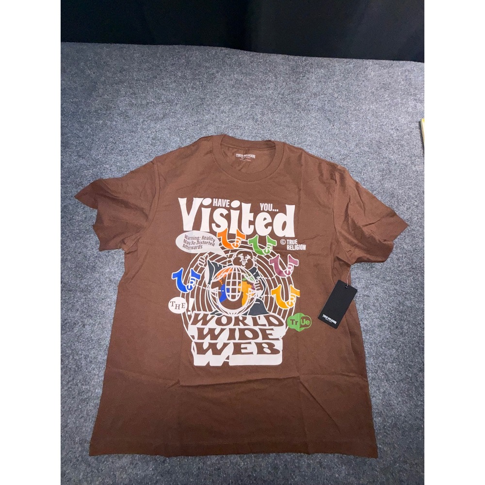 True Religion Mens 2XL World Wide Web Graphic T-Shirt Brown Short Sleeve New